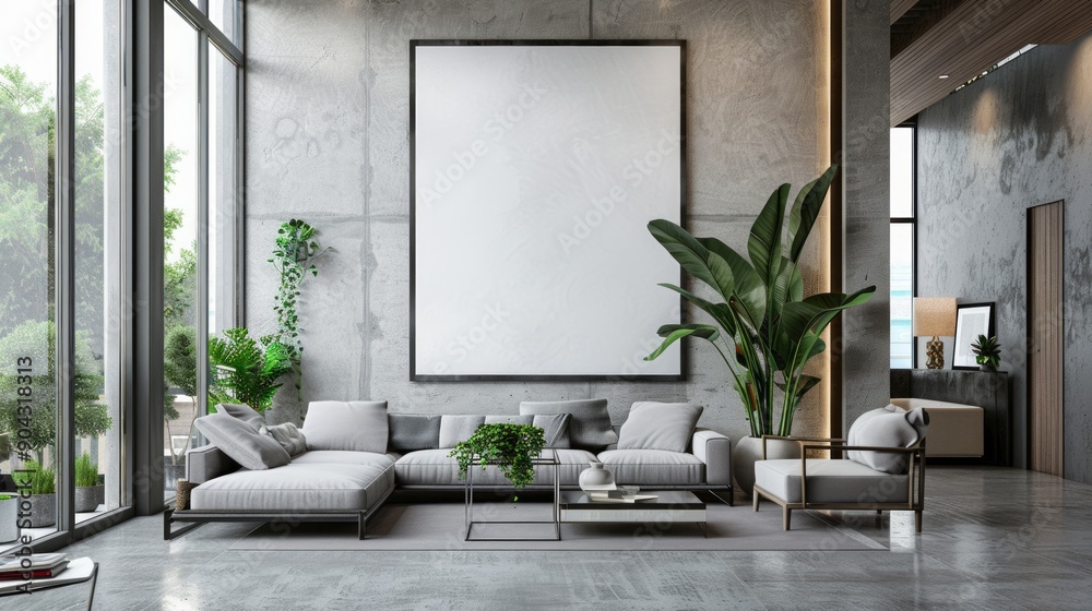 Blank poster mockup inside room. Empty white billboard mockup with a black frame hanging in a modern interior space. Blank poster mockup inside room. Empty white billboard mockup with a black frame hanging in a modern interior space.