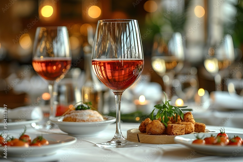 Naklejka premium a table with food and wine glasses.
