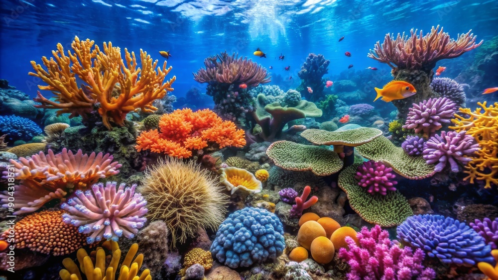 Obraz premium Underwater Paradise Vibrant Coral Reef with Colorful Fish and Sunlight - Marine Life, Ocean Ecosystem, Tropical Reef, Coral, Fish, Underwater, Nature