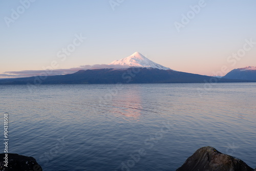 Winter sunset over Lake Llanquihue in the Chilean Lake District with Osorno Volcano in view