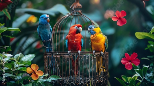 Luxury bird food in a decorative cage setup with vibrant birds and foliage, blank space for text photo