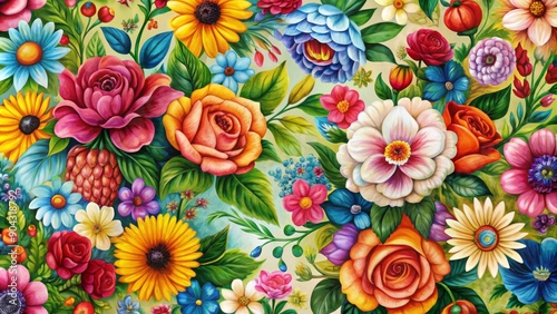 Vibrant Floral Tapestry A Colorful Acrylic Painting of Roses, Sunflowers, and Daisies in Full Bloom