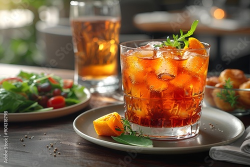 a glass of ice tea with orange slices on a plate of food.