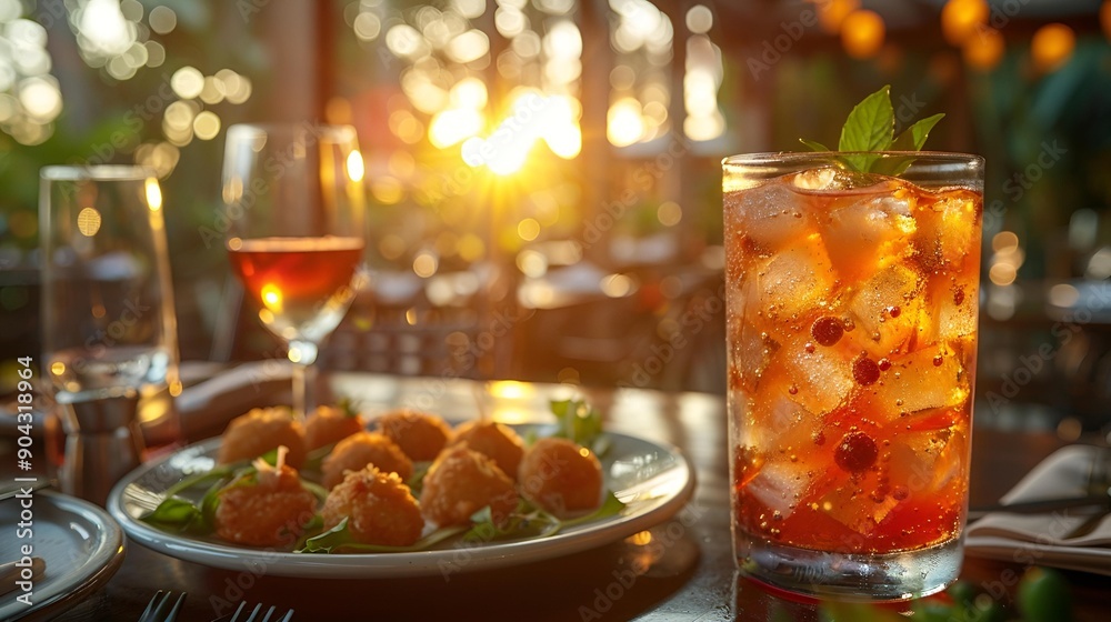 a plate of food and a drink on a table.
a plate of food and a drink on a table.