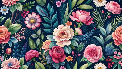 Watercolor Floral Seamless Pattern - Lush Blooms and Greenery on a Dark Navy Background - Digital Art, Botanical Illustration, Floral Design, Nature, Wallpaper, Textile, Print