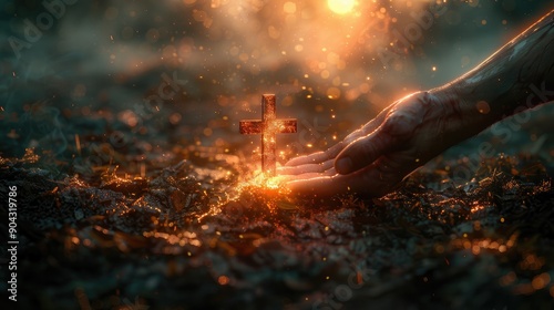 A hand reaching out to another, symbolizing the act of helping and praying for someone with an Easter cross in background.