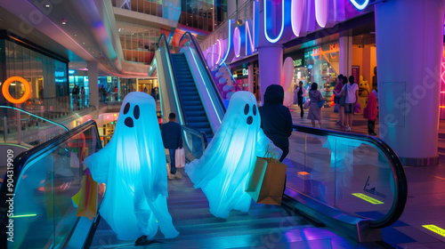 Children dressed as ghosts carrying shopping bags in a brightly lit mall, capturing a fun and festive atmosphere.
