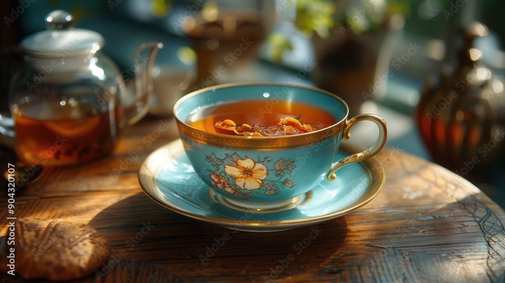 Fototapeta premium Close-up of teal teacup, saucer, and tea on a rustic table with a cookie