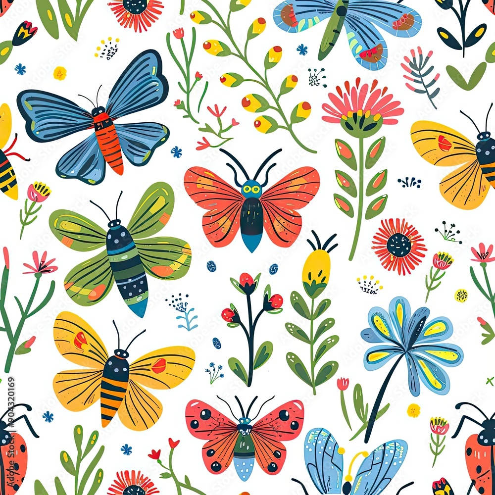 Fototapeta premium Whimsical eco-friendly seamless pattern with cute animals and plants, pastel colors, nature-inspired design, playful and bright