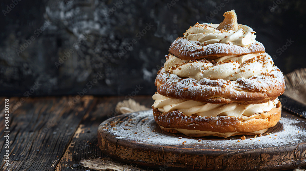 Delicious homemade layered cake with white chocolate cream and nuts is waiting on a wooden plate Delicious homemade layered cake with white chocolate cream and nuts is waiting on a wooden plate