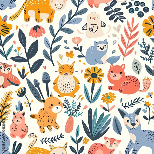 Wallpaper Mural Whimsical eco-friendly seamless pattern with cute animals and plants, pastel colors, nature-inspired design, playful and bright Torontodigital.ca