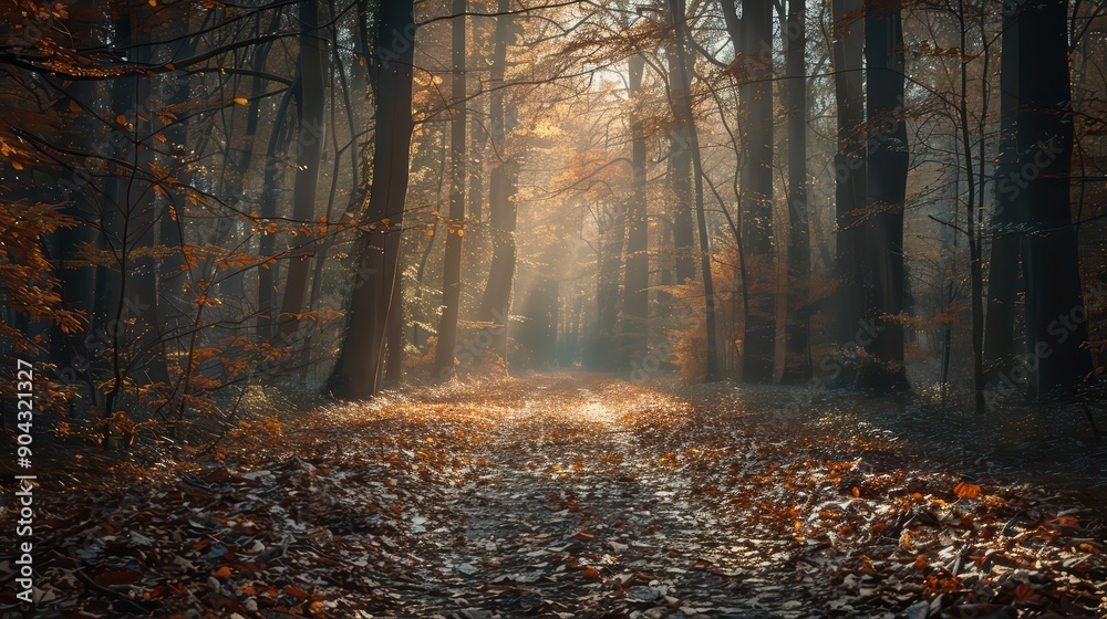 A tranquil forest trail covered in a blanket of fallen leaves A tranquil forest trail covered in a blanket of fallen leaves