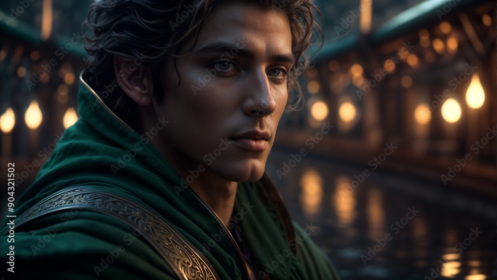 elf  in a forest suit. beautiful boy dressed in green. boy in green cloak. beautiful boy on the bridge. sexy guy in the bridge. handsome guy in the river.