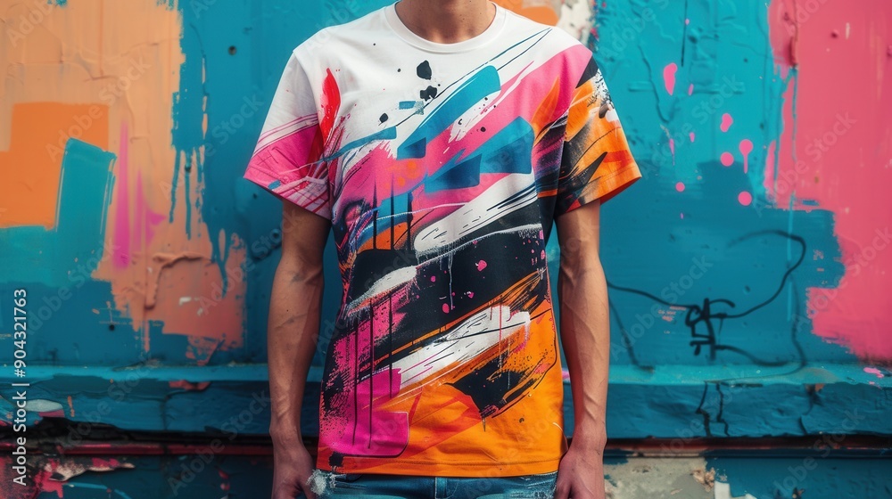 Obraz premium Urban streetwear t-shirt with graffiti elements and negative space --ar 16:9 --stylize 250 Job ID: 2e290fa1-097f-4bd6-8a6e-6fde46d2cb7f