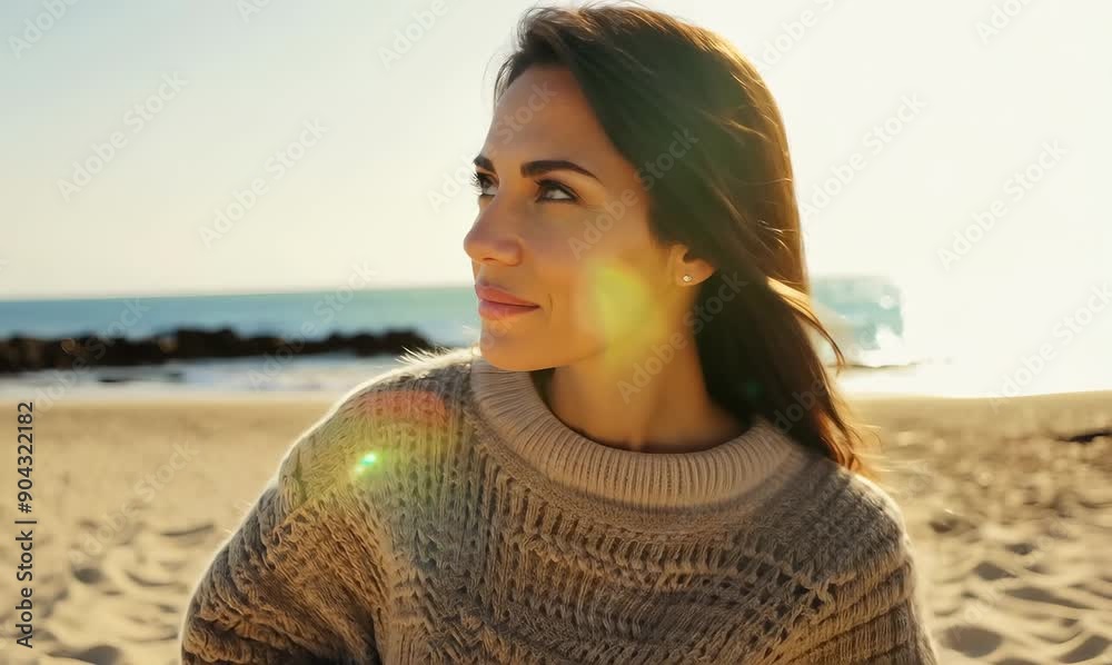 Medium shot portrait of a Brazilian woman in her 20s in a beach background wearing a cozy sweater Medium shot portrait of a Brazilian woman in her 20s in a beach background wearing a cozy sweater