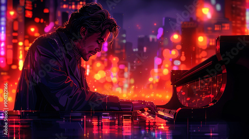 Illustration of a musician playing the piano on a city street at night, with blurred lights in the background