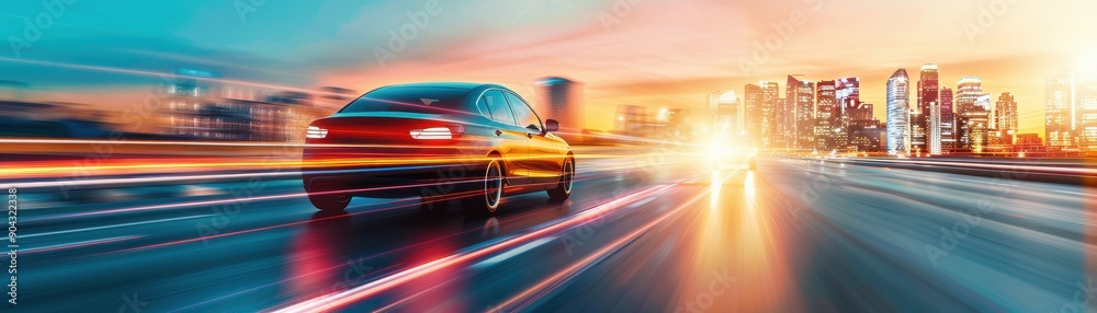 A sleek car speeding along a highway, blending into a vibrant city skyline at dusk, showcasing motion and urban life. A sleek car speeding along a highway, blending into a vibrant city skyline at dusk, showcasing motion and urban life.