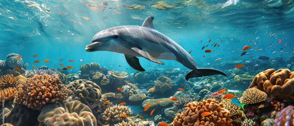 Fototapeta premium A playful dolphin swims gracefully near a vibrant coral reef, showcasing the beauty of summer in the underwater world