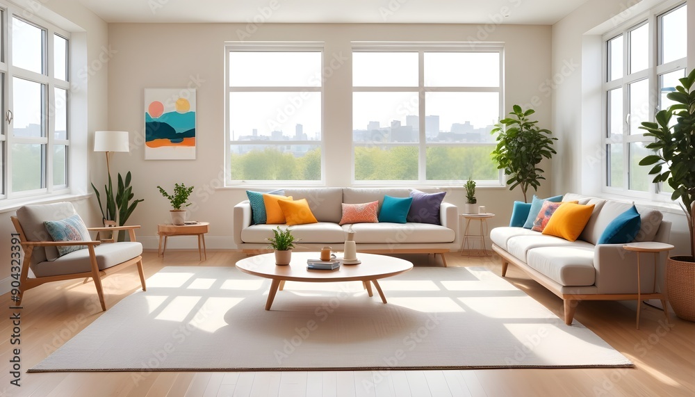 Bright and Modern Living Room with Colorful Cushions and Large Window Bright and Modern Living Room with Colorful Cushions and Large Window