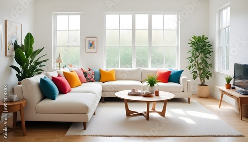 Wallpaper Mural Bright Modern Living Room with Colorful Cushions and White Sofa Torontodigital.ca