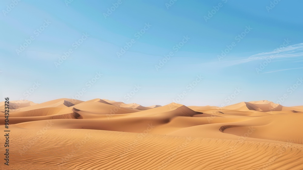 A vast, barren desert landscape with rolling dunes under a clear blue sky