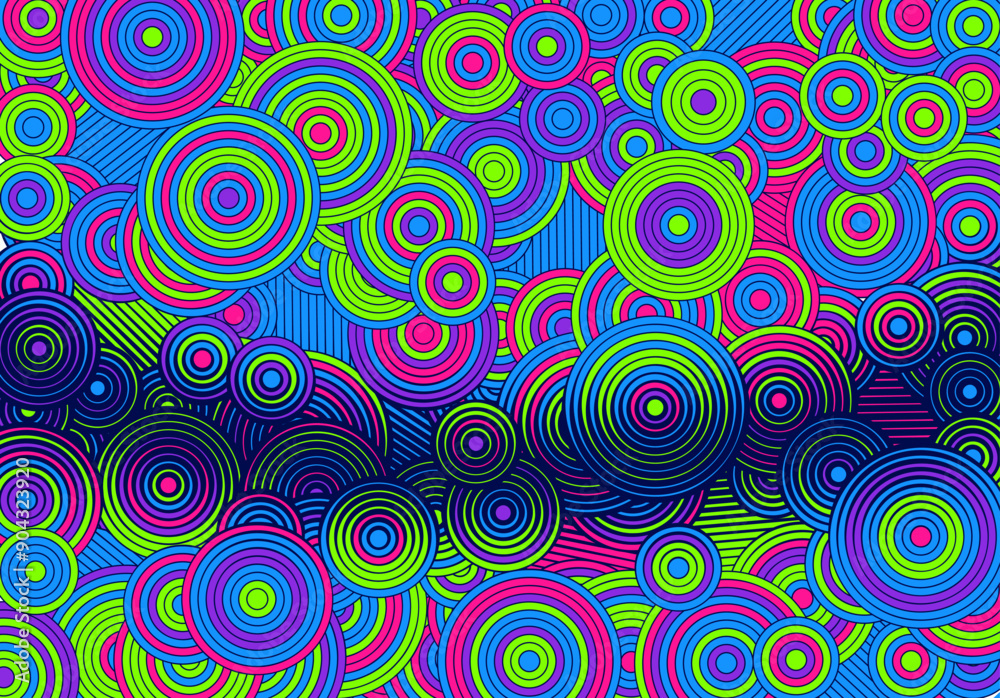Fototapeta premium Abstract psychedelic background with circles and lines of various widths in retro optical illusion style.