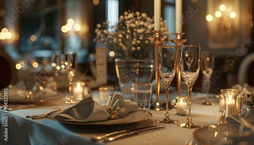 Elegant table setting in a high-end restaurant with menu invitation card mockup, ideal for weddings