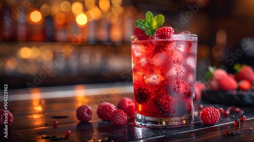 a glass of red drink with ice and berries.


