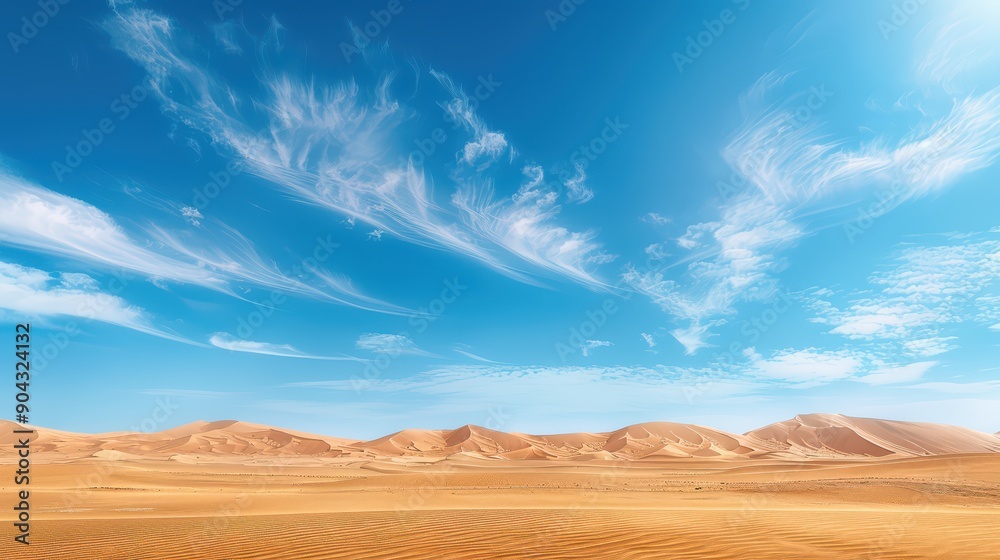 A vast, barren desert landscape with rolling dunes under a clear blue sky A vast, barren desert landscape with rolling dunes under a clear blue sky