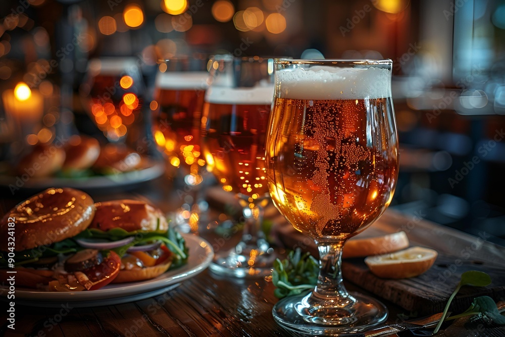 a group of glasses of beer on a table.
a group of glasses of beer on a table.