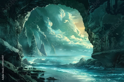 Rocky cave opening to a bright seascape with crashing waves photo