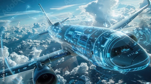 Aviation technology featuring digital twins, with microchip graphics, full-body aircraft, and futuristic design elements