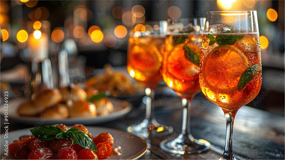 a group of glasses with orange liquid and a plate of food.
a group of glasses with orange liquid and a plate of food.