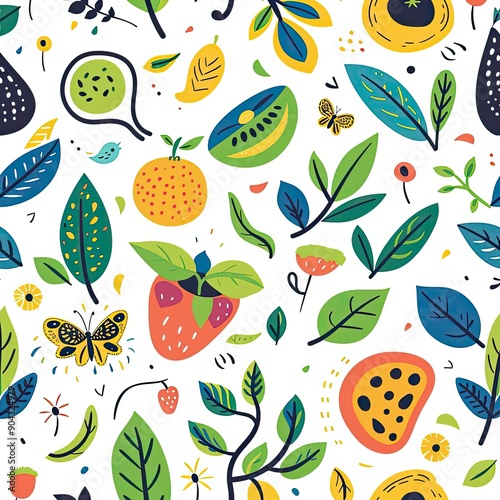 Seamless pattern with playful eco-friendly symbols and plants, bright and cheerful, nature-inspired motifs