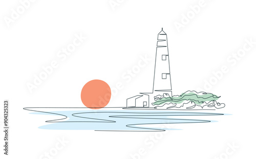 Drawing lighthouse with single continuous line. Sea shore. Rocky shore one line drawing. Ocean shore in one line. Doodle on white isolated background. Sunset, sunrise. Simple modern color illustration