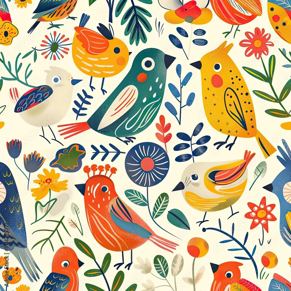 Seamless pattern with eco-friendly icons and playful birds, bright and cheerful, nature motifs, detailed design Seamless pattern with eco-friendly icons and playful birds, bright and cheerful, nature motifs, detailed design