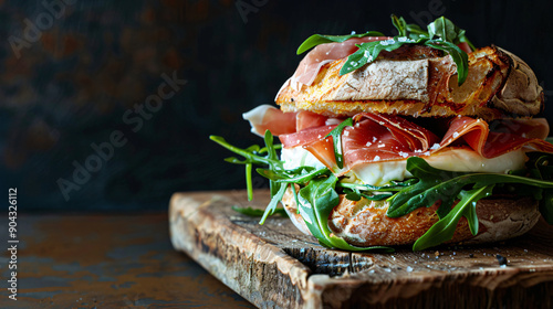 Wooden board showcases a ciabatta sandwich with fresh arugula, prosciutto, and creamy mozzarella photo