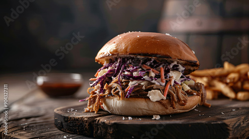 Brioche bun is holding pulled pork and coleslaw, with a side of fries and dipping sauce