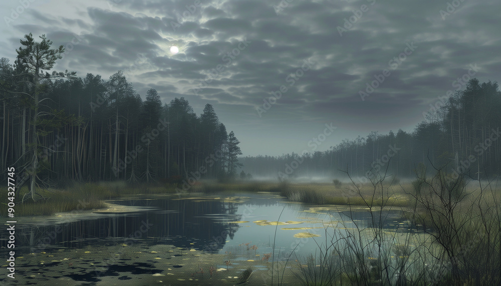A misty, tranquil marshland at dusk with tall trees and a cloudy sky reflecting on the still water under the full moon. A misty, tranquil marshland at dusk with tall trees and a cloudy sky reflecting on the still water under the full moon.