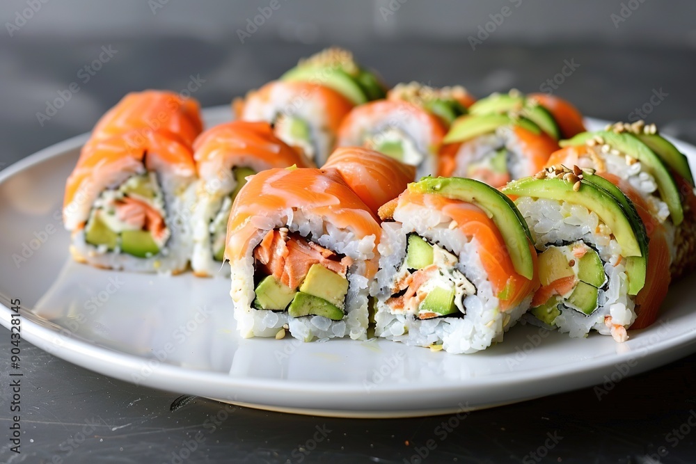 Sushi rolls on plate with salmon, avocado, and cream cheese Sushi rolls on plate with salmon, avocado, and cream cheese