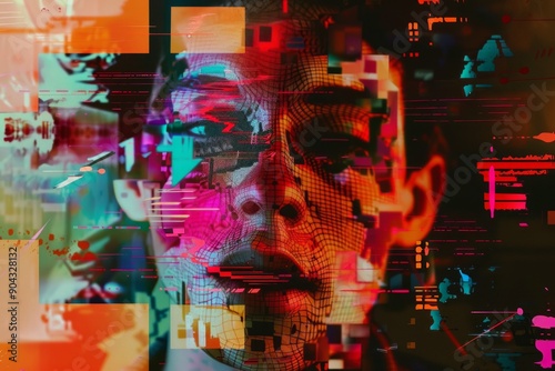 woman face with glitch effects, pixel art, and abstract patterns collage 