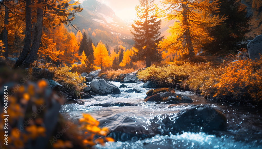 A picturesque autumn forest scene with a clear flowing stream and vibrant orange foliage under a glowing sunset, showcasing the beauty of nature in fall. A picturesque autumn forest scene with a clear flowing stream and vibrant orange foliage under a glowing sunset, showcasing the beauty of nature in fall.
