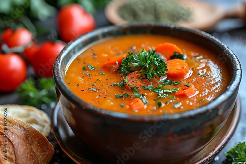 Warm Bowl of Carrot Soup With Fresh Herbs and Rustic Bread Served at Home During Autumn