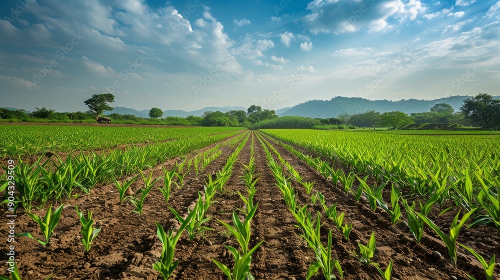 Sugarcane land converted for cultivating another crop under clear sky Sugarcane land converted for cultivating another crop under clear sky