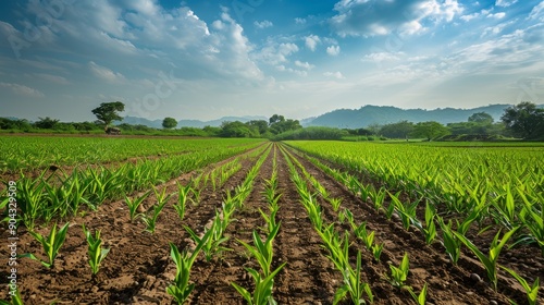 Sugarcane land converted for cultivating another crop under clear sky