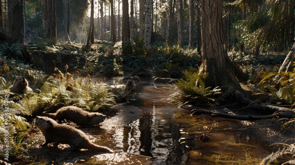 Obraz premium Otters Playing in a Forest Stream.