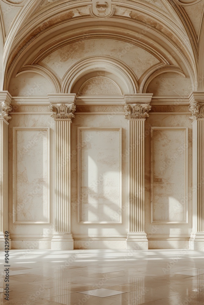 Obraz premium A large, empty room with three pillars and a high ceiling. The room is empty and has no furniture or decorations