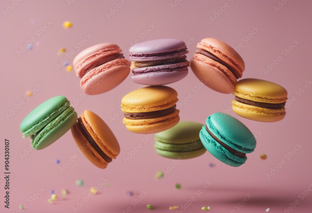 Various colorful of macarons floating on the air isolated on clean background Desserts sweet cake co Various colorful of macarons floating on the air isolated on clean background Desserts sweet cake co