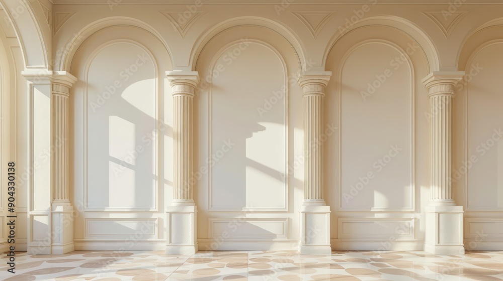 A large, empty room with three pillars and a high ceiling. The room is empty and has no furniture or decorations A large, empty room with three pillars and a high ceiling. The room is empty and has no furniture or decorations