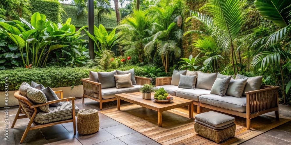Tropical Patio Design Wooden Furniture and Lush Greenery, Outdoor Design, Patio Ideas, Tropical Garden, Luxury Living Tropical Patio Design Wooden Furniture and Lush Greenery, Outdoor Design, Patio Ideas, Tropical Garden, Luxury Living